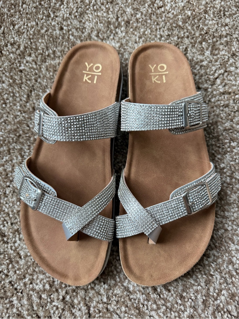Yoki Silver Crystal-Strap Slide Sandals